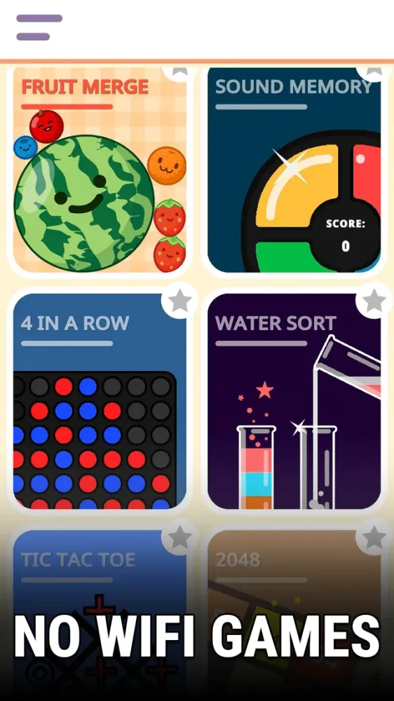 Bits: Offline Games No WiFi — the game menu and gameplay from Fruit Merge, Block Fill, Water Sort, 2048, 4 In A Row, Sound Memory and Tic Tac Toe